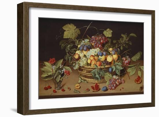 Plums, Peaches and Grapes in a Basket with Carnations and Other Flowers in a Roemer, with…-Jacob Van Hulsdonck-Framed Giclee Print