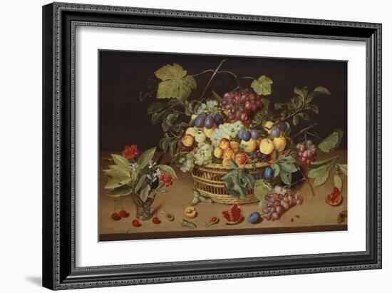 Plums, Peaches and Grapes in a Basket with Carnations and Other Flowers in a Roemer, with…-Jacob Van Hulsdonck-Framed Giclee Print