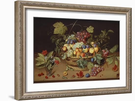 Plums, Peaches and Grapes in a Basket with Carnations and Other Flowers in a Roemer, with…-Jacob Van Hulsdonck-Framed Giclee Print