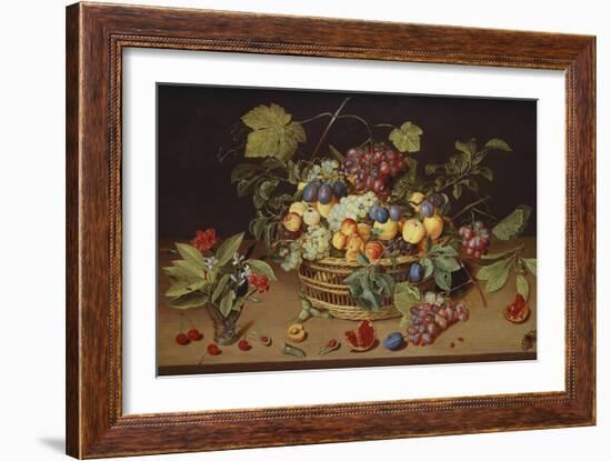 Plums, Peaches and Grapes in a Basket with Carnations and Other Flowers in a Roemer, with…-Jacob Van Hulsdonck-Framed Giclee Print