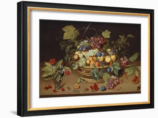 Plums, Peaches and Grapes in a Basket with Carnations and Other Flowers in a Roemer, with…-Jacob Van Hulsdonck-Framed Giclee Print