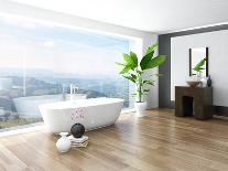 Modern Bathroom Interior with White Bathtub Against Huge Window with Landscape View-PlusONE-Photographic Print