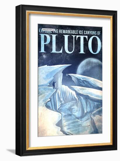 Pluto Retro Space Travel - Explore the Ice Canyons of Pluto-Lynx Art Collection-Framed Art Print