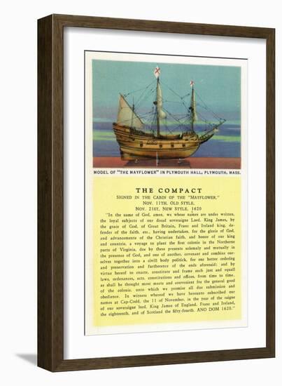 Plymouth, Massachusetts - Mayflower Model, the Compact in Plymouth Hall Scene-Lantern Press-Framed Art Print