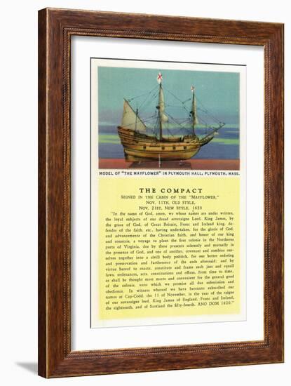 Plymouth, Massachusetts - Mayflower Model, the Compact in Plymouth Hall Scene-Lantern Press-Framed Art Print