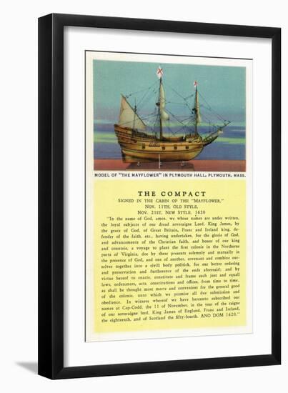 Plymouth, Massachusetts - Mayflower Model, the Compact in Plymouth Hall Scene-Lantern Press-Framed Art Print