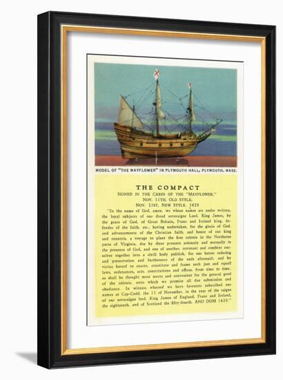 Plymouth, Massachusetts - Mayflower Model, the Compact in Plymouth Hall Scene-Lantern Press-Framed Art Print