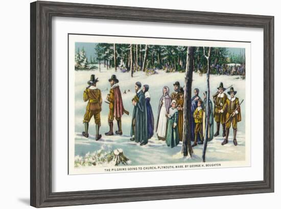 Plymouth, Massachusetts - Pilgrims Going to Church in the Snow Scene-Lantern Press-Framed Art Print