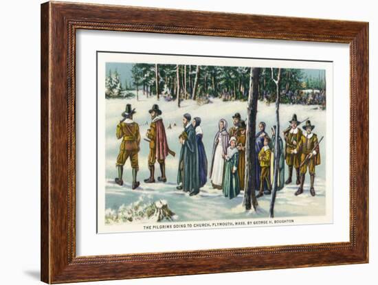 Plymouth, Massachusetts - Pilgrims Going to Church in the Snow Scene-Lantern Press-Framed Art Print