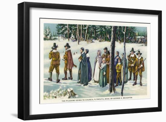 Plymouth, Massachusetts - Pilgrims Going to Church in the Snow Scene-Lantern Press-Framed Art Print