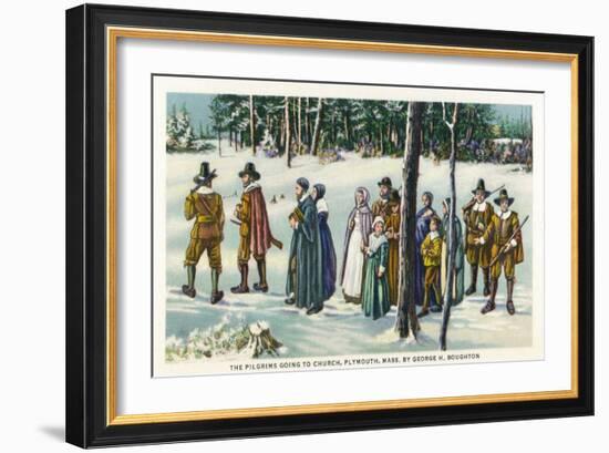 Plymouth, Massachusetts - Pilgrims Going to Church in the Snow Scene-Lantern Press-Framed Art Print