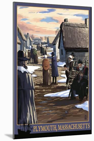 Plymouth, Massachusetts - Pilgrims going to Church-Lantern Press-Mounted Art Print