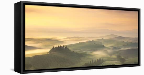 Podere Belvedere and mist at sunrise, San Quirico d'Orcia, Val d'Orcia, Tuscany, Italy-Ed Hasler-Framed Stretched Canvas