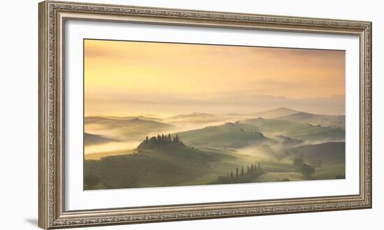 Podere Belvedere and mist at sunrise, San Quirico d'Orcia, Val d'Orcia, Tuscany, Italy-Ed Hasler-Framed Photographic Print