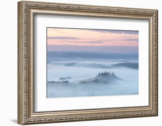 Podere Belvedere and mist at sunrise, San Quirico d'Orcia, Val d'Orcia, Tuscany, Italy-Ed Hasler-Framed Photographic Print