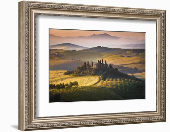 Podere Belvedere, San Quirico D'Orcia, Tuscany, Italy. Sunrise over the Farmhouse and the Hills.-ClickAlps-Framed Photographic Print