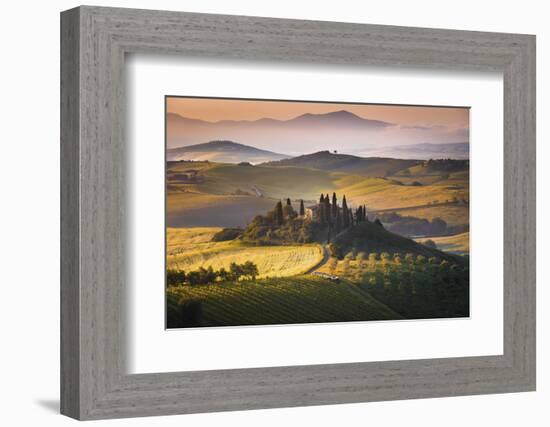 Podere Belvedere, San Quirico D'Orcia, Tuscany, Italy. Sunrise over the Farmhouse and the Hills.-ClickAlps-Framed Photographic Print