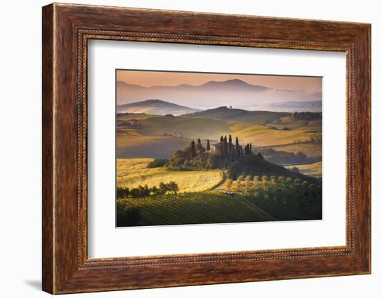 Podere Belvedere, San Quirico D'Orcia, Tuscany, Italy. Sunrise over the Farmhouse and the Hills.-ClickAlps-Framed Photographic Print