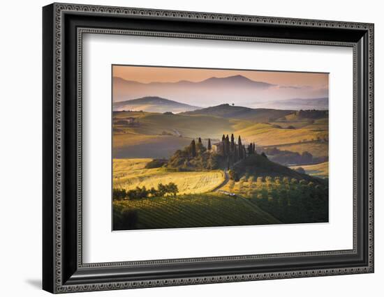 Podere Belvedere, San Quirico D'Orcia, Tuscany, Italy. Sunrise over the Farmhouse and the Hills.-ClickAlps-Framed Photographic Print