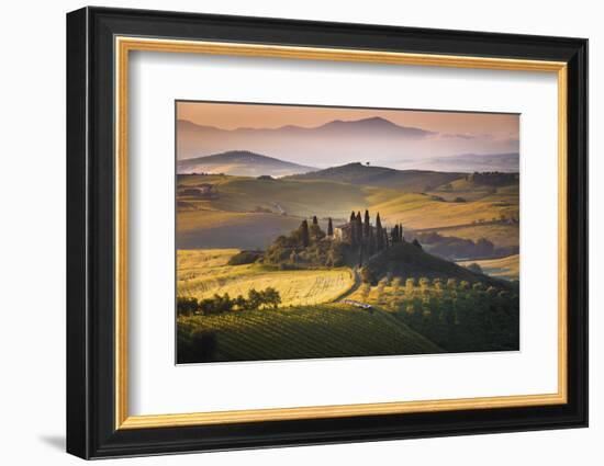 Podere Belvedere, San Quirico D'Orcia, Tuscany, Italy. Sunrise over the Farmhouse and the Hills.-ClickAlps-Framed Photographic Print