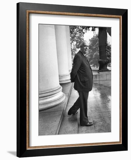 Poet and Vice President of Hartford Accident and Indemnity Co, Wallace Stevens Standing on Steps-Walter Sanders-Framed Premium Photographic Print