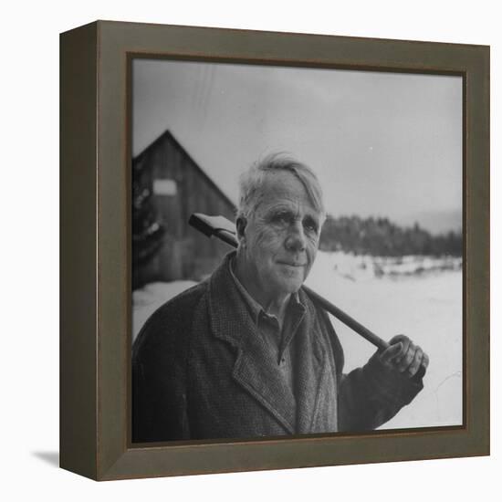 Poet Robert Frost in Affable Portrait, Axe Slung over Shoulder in Wintry Rural Setting-Eric Schaal-Framed Premier Image Canvas