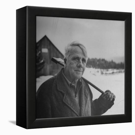 Poet Robert Frost in Affable Portrait, Axe Slung over Shoulder in Wintry Rural Setting-Eric Schaal-Framed Premier Image Canvas