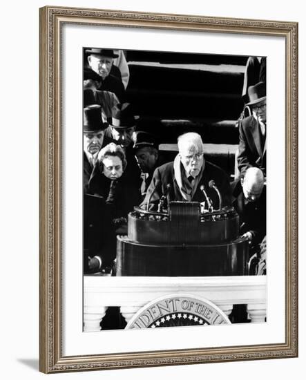 Poet Robert Frost Reading a Poem at the Inauguration Ceremony for President John F. Kennedy-null-Framed Photographic Print
