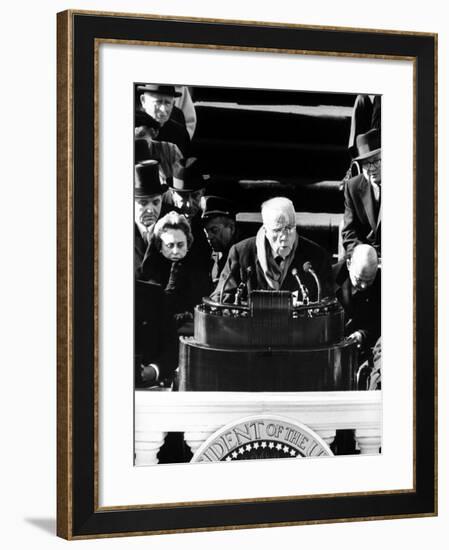 Poet Robert Frost Reading a Poem at the Inauguration Ceremony for President John F. Kennedy-null-Framed Photographic Print