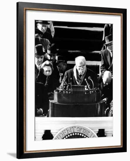 Poet Robert Frost Reading a Poem at the Inauguration Ceremony for President John F. Kennedy-null-Framed Photographic Print