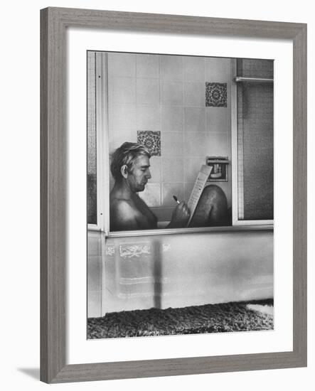 Poet Rod McKuen Writing Song Lyrics in His Bathtub, at Home-Ralph Crane-Framed Premium Photographic Print