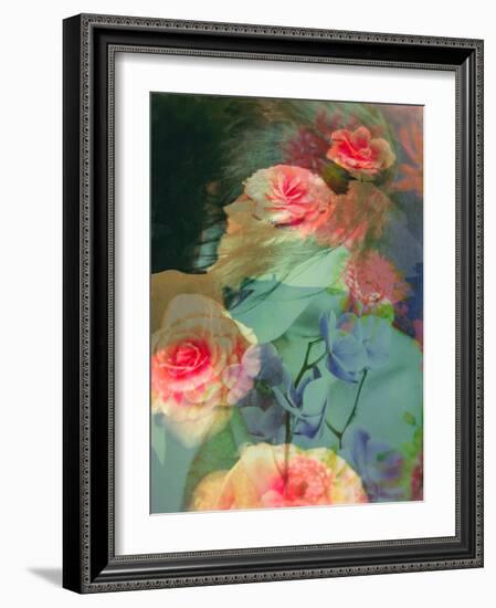 Poetical Romantic Photomontage of a Female Portrait with Flowers in Subtle Colours-Alaya Gadeh-Framed Photographic Print
