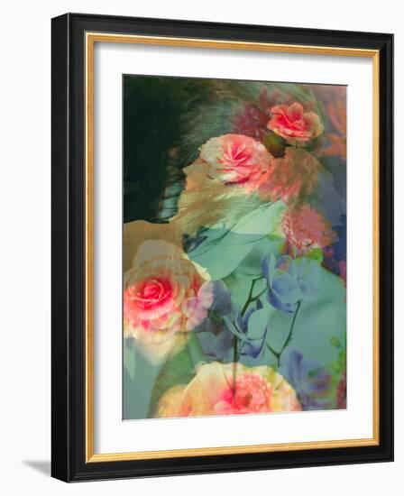 Poetical Romantic Photomontage of a Female Portrait with Flowers in Subtle Colours-Alaya Gadeh-Framed Photographic Print