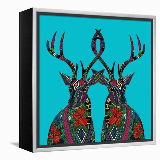 Poinsettia Deer Blue-Sharon Turner-Framed Stretched Canvas