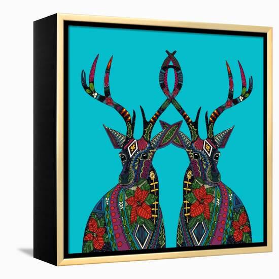 Poinsettia Deer Blue-Sharon Turner-Framed Stretched Canvas