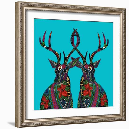 Poinsettia Deer Blue-Sharon Turner-Framed Art Print