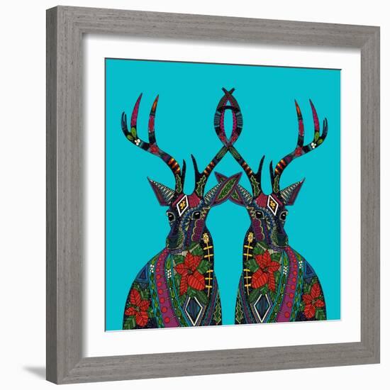 Poinsettia Deer Blue-Sharon Turner-Framed Art Print