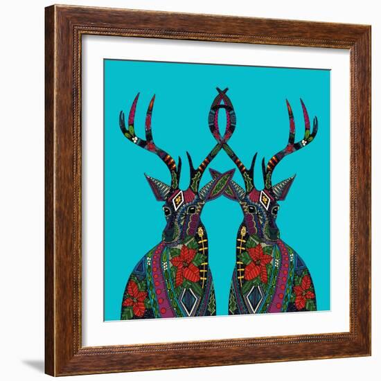 Poinsettia Deer Blue-Sharon Turner-Framed Art Print