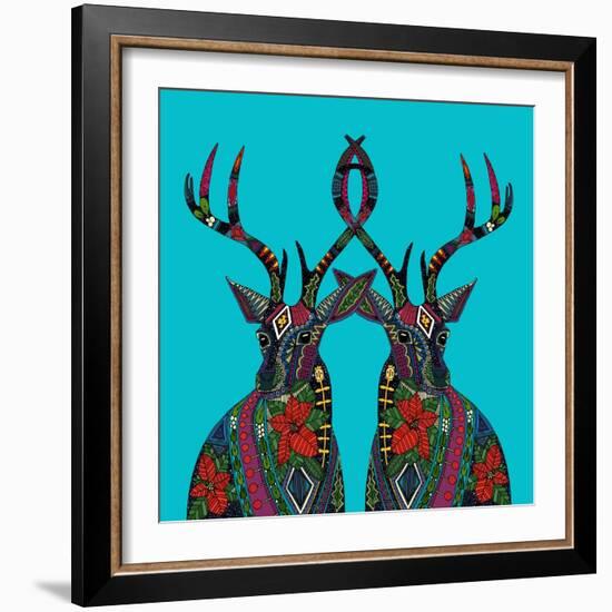 Poinsettia Deer Blue-Sharon Turner-Framed Art Print