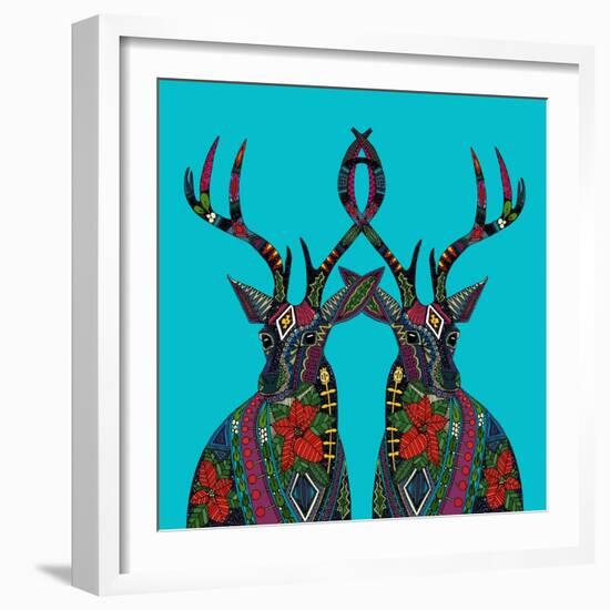 Poinsettia Deer Blue-Sharon Turner-Framed Art Print