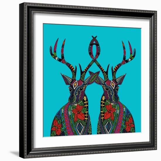 Poinsettia Deer Blue-Sharon Turner-Framed Art Print