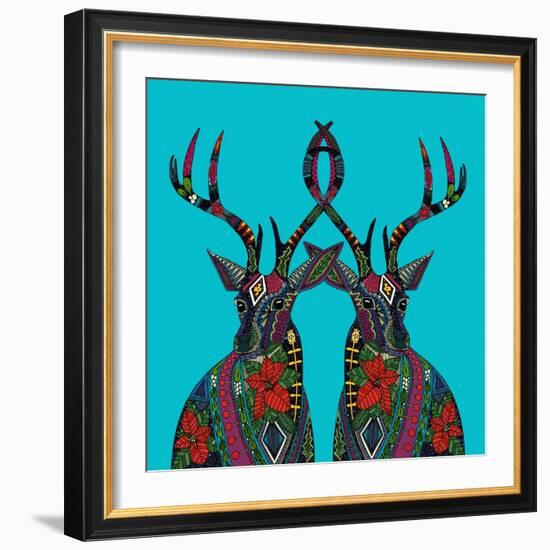 Poinsettia Deer Blue-Sharon Turner-Framed Art Print