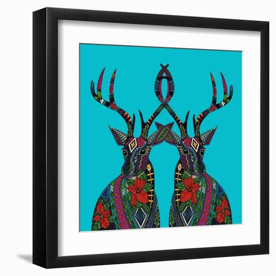 Poinsettia Deer Blue-Sharon Turner-Framed Art Print