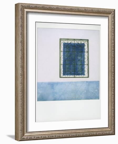 Polaroid of Whitewashed Wall with Blue Window Shutters and Iron Grille, Asilah, Morocco-Lee Frost-Framed Photographic Print
