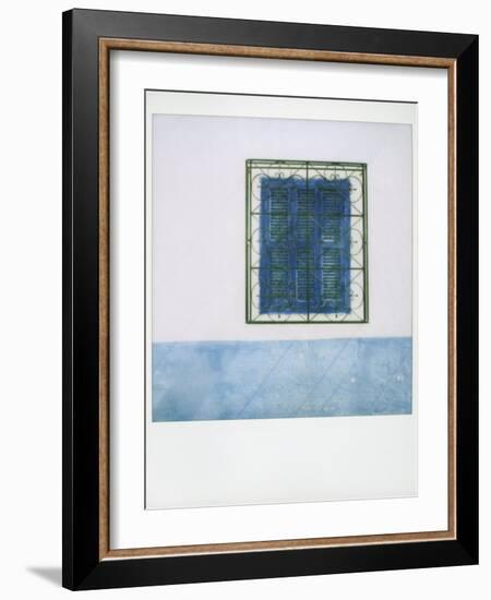 Polaroid of Whitewashed Wall with Blue Window Shutters and Iron Grille, Asilah, Morocco-Lee Frost-Framed Photographic Print