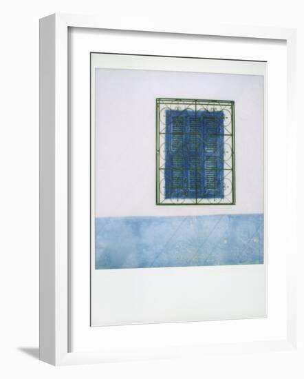 Polaroid of Whitewashed Wall with Blue Window Shutters and Iron Grille, Asilah, Morocco-Lee Frost-Framed Photographic Print