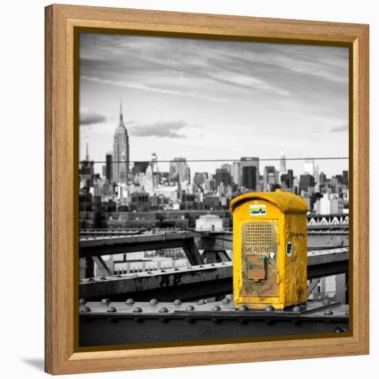 Police Emergency Call Box on the Walkway of the Brooklyn Bridge with Skyline of Manhattan-Philippe Hugonnard-Framed Premier Image Canvas