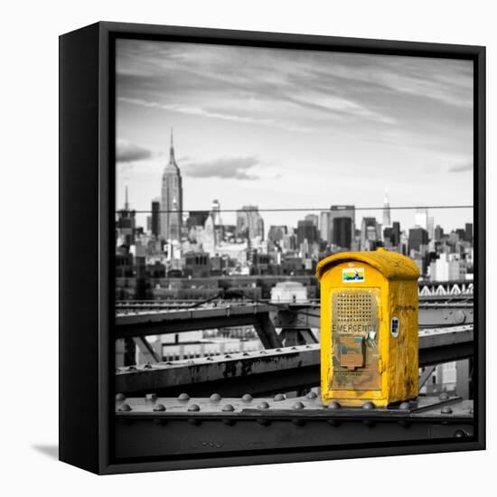 Police Emergency Call Box on the Walkway of the Brooklyn Bridge with Skyline of Manhattan-Philippe Hugonnard-Framed Premier Image Canvas
