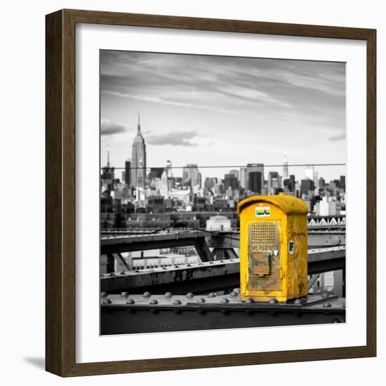 Police Emergency Call Box on the Walkway of the Brooklyn Bridge with Skyline of Manhattan-Philippe Hugonnard-Framed Photographic Print