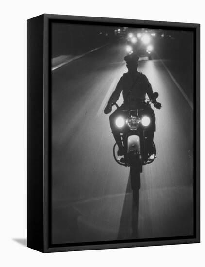 Police Motorcycle Leading Adlai E. Stevenson's Motorcade During His Campaign Tour-null-Framed Premier Image Canvas